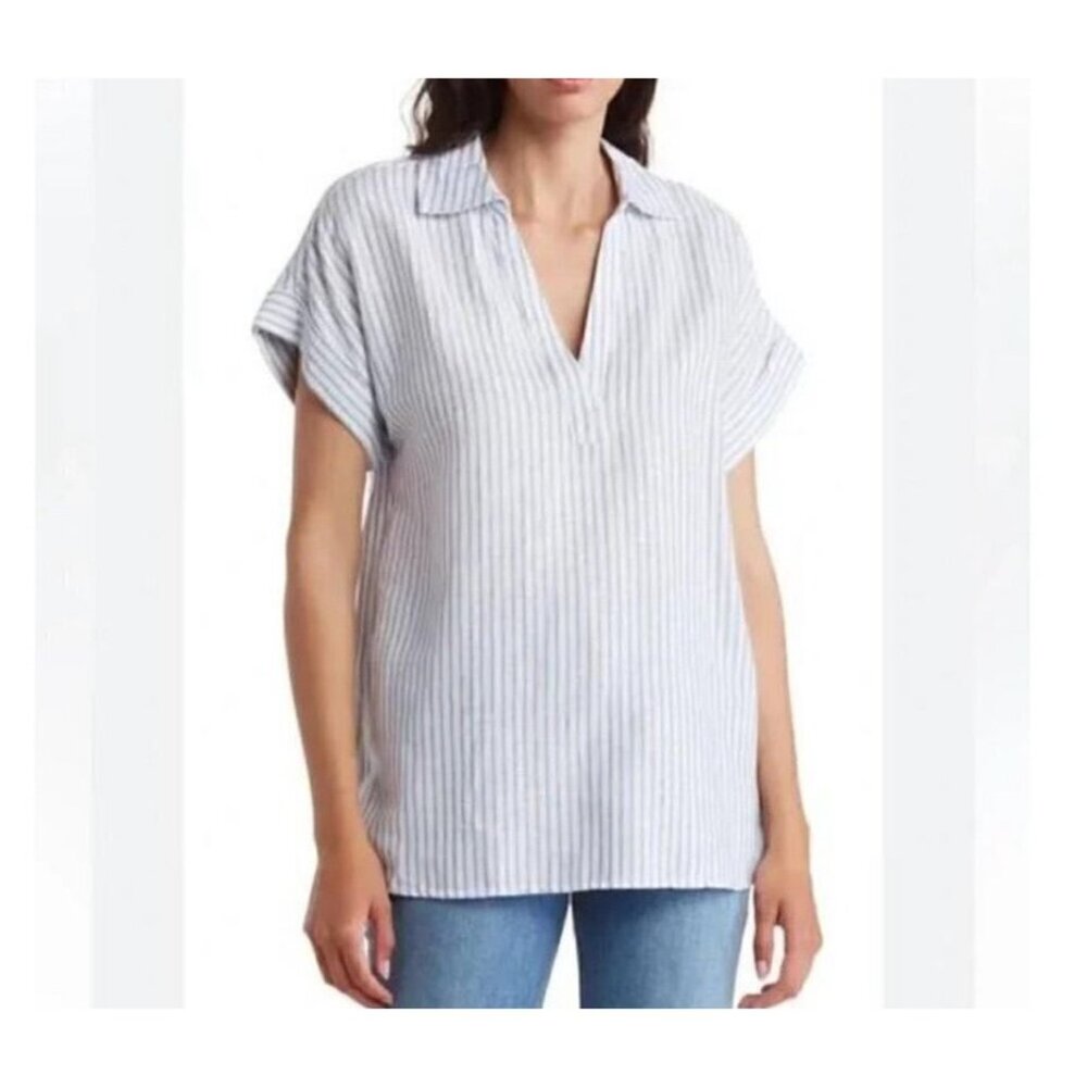 Casa Cabana Striped Linen Pop Over Top M White Blue EUC Resortwear
